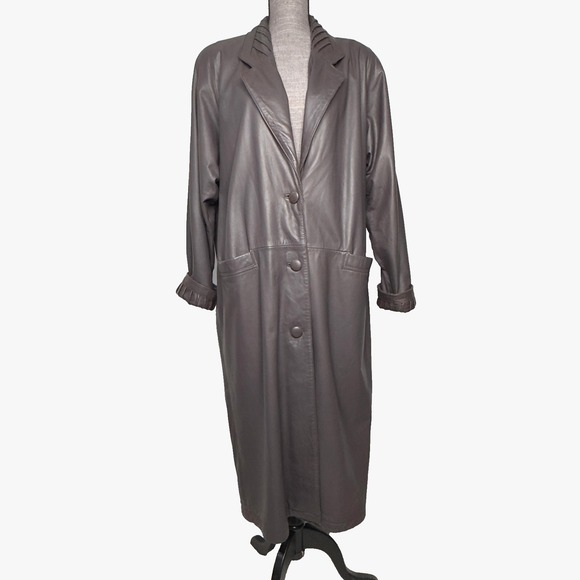 Vtg Jacqueline Ferrar Leather Coat Womens Large Brown Long Button Front Trench - Picture 1 of 7